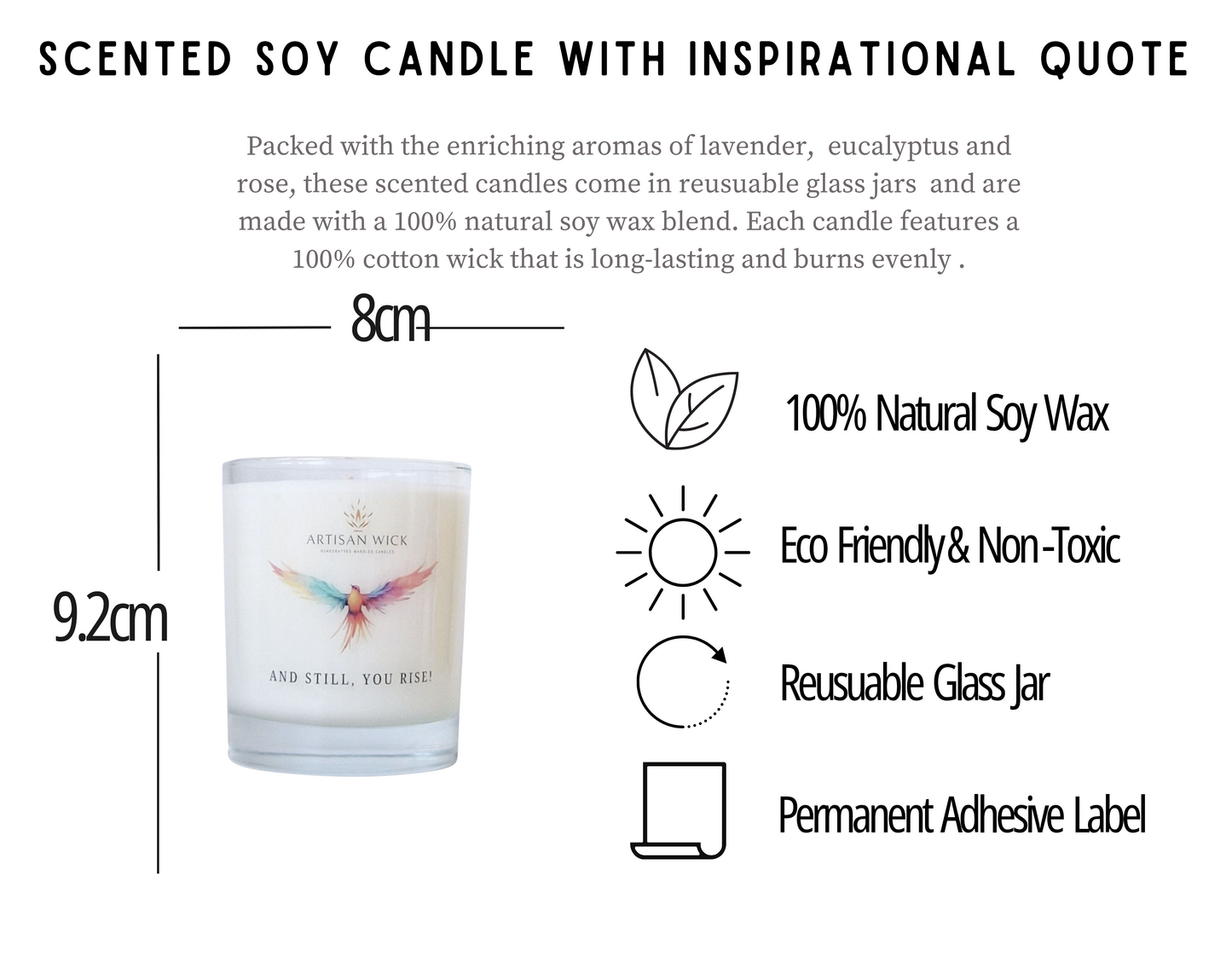 Lavender, Eucalyptus & Rose Scented Inspirational Candle Gift | 100% Vegan Soy Candle |
