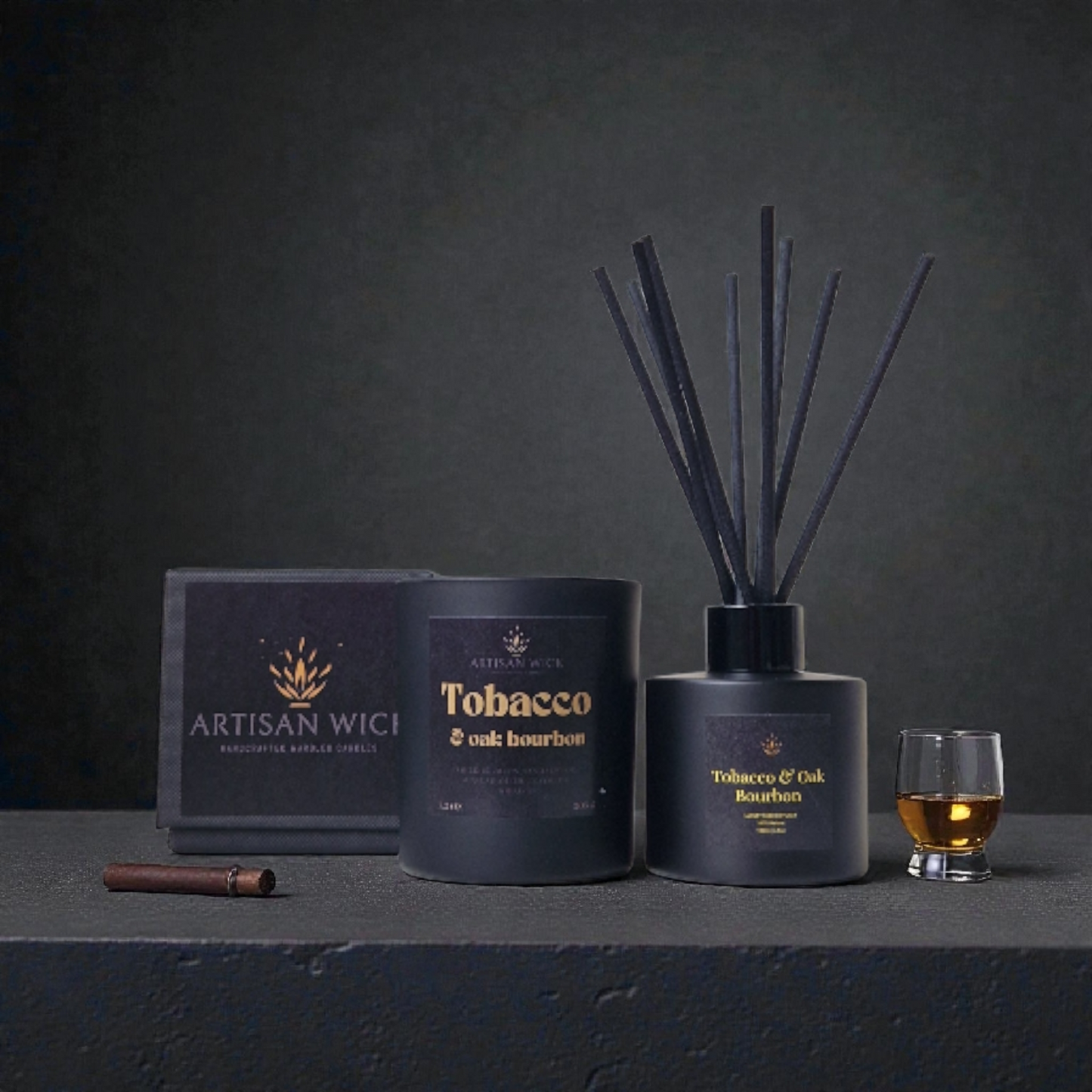 Artisan Wick Tobacco And Oak Bourbon Luxury Candle And Diffuser Gift Set