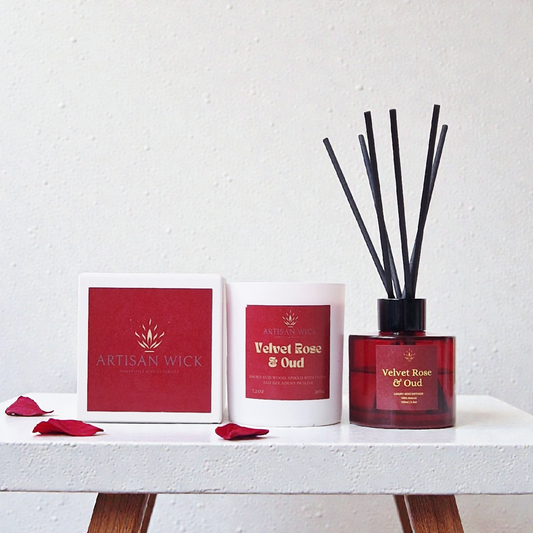 Artisan Wick Velvet Rose And Oud Luxury Scented Soy Candle And Diffuser Gift Set