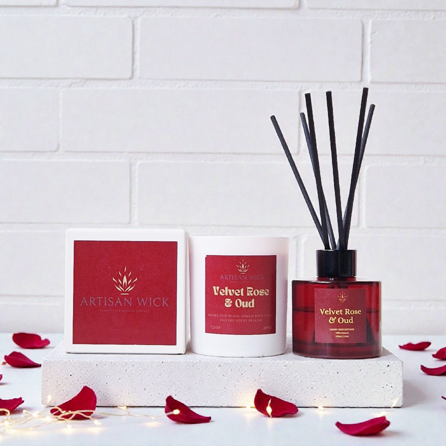 Artisan Wick Velvet Rose And Oud Luxury Scented Soy Candle And Diffuser Gift Set