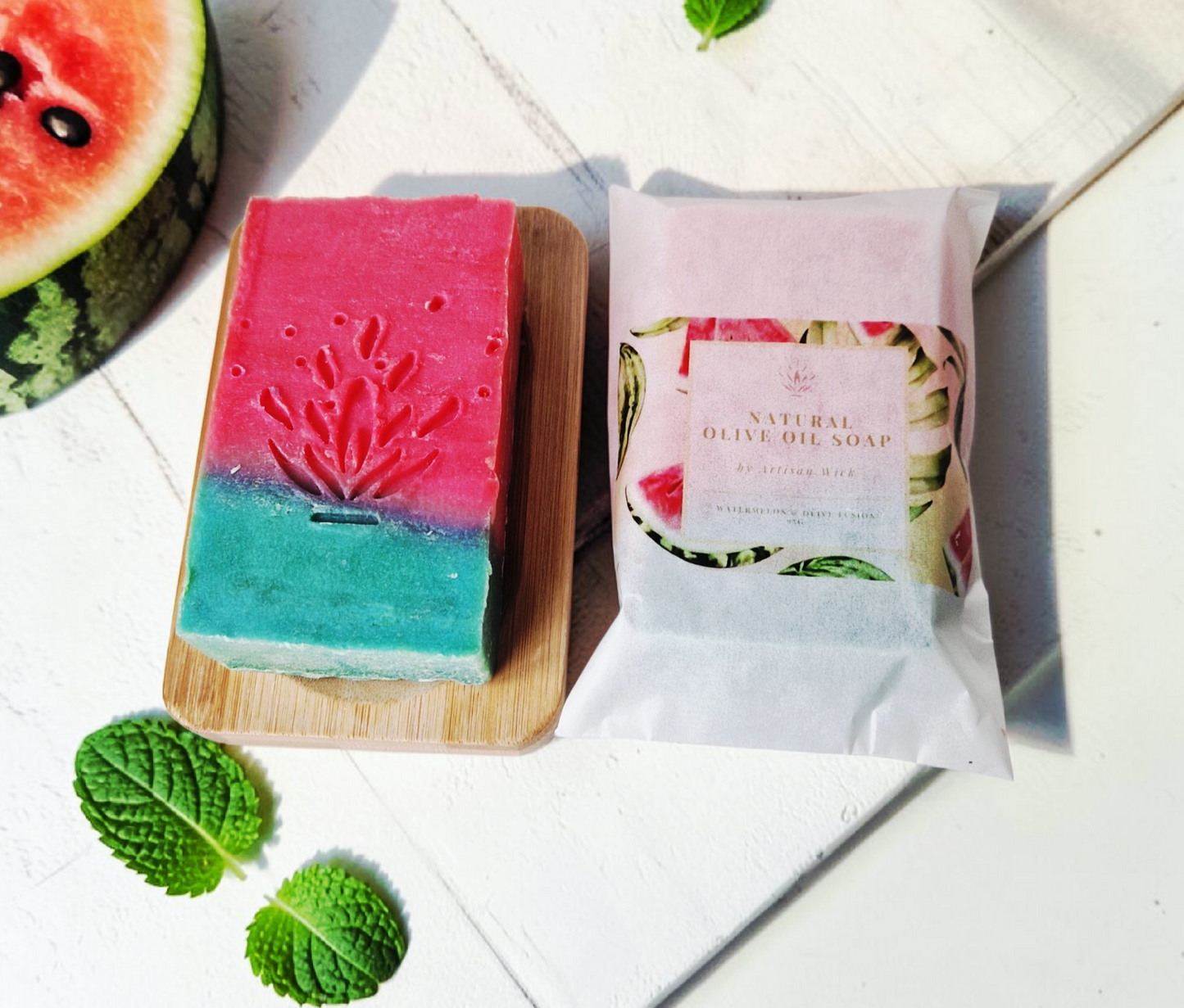 Handcrafted Watermelon Olive Oil Soap (120g) + Bamboo Soap Dish