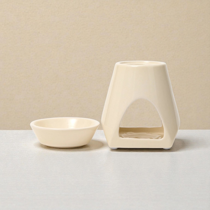 Grounded Earth Ceramic Wax Burner: 2 Piece Beige Tapered Wax And Oil Burner
