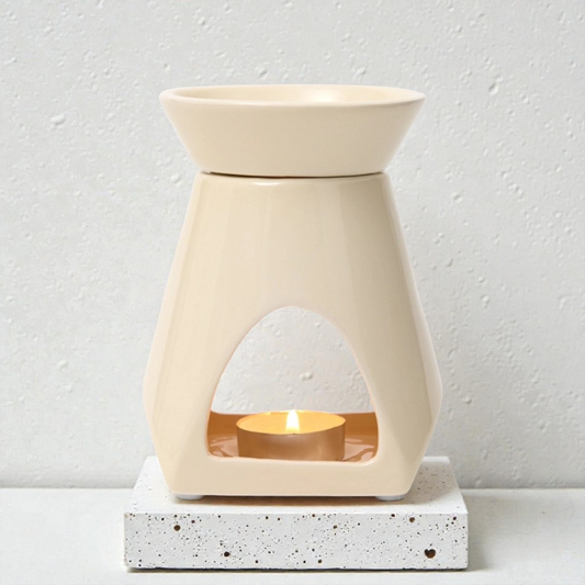 Grounded Earth Ceramic Wax Burner: 2 Piece Beige Tapered Wax And Oil Burner